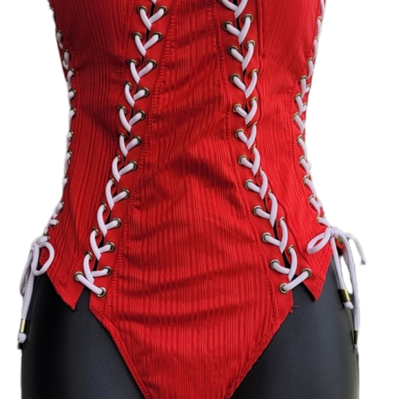 NO BOUNDARIES Juniors' Lace Up One Piece Swimsuit Red with White Laces Size 7-9. - Picture 2 of 6